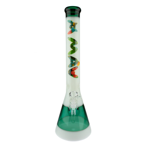 MAV Glass 18" Cactus Teal & White Beaker Bong with intricate design, front view on white background