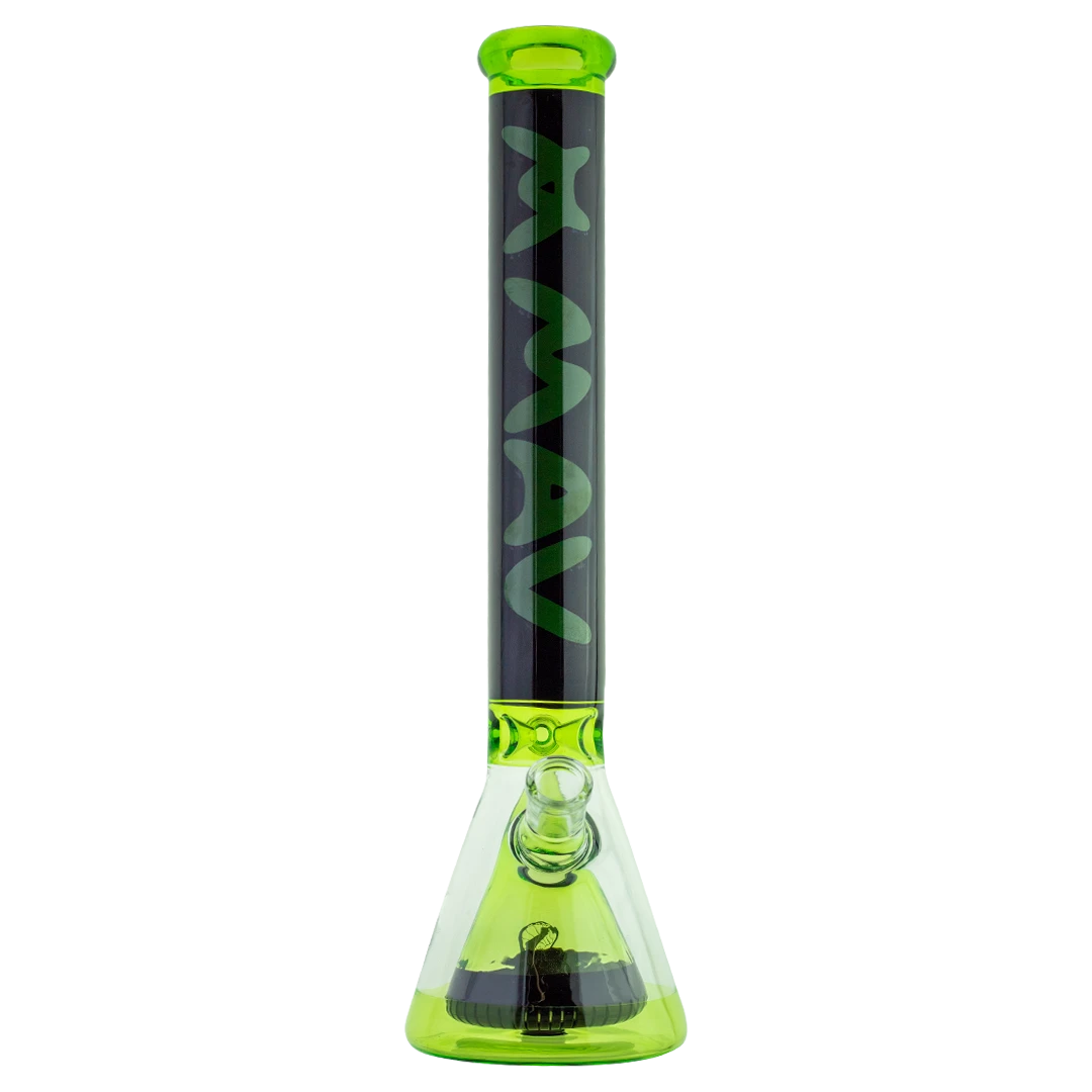 MAV Glass 18" Manhattan Pyramid Beaker in Black/Ooze, with Slitted Pyramid Percolator - Front View