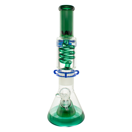 MAV Glass - 2 Tone Teal & Green Pyramid Beaker with Freezable Coil, Slitted Percolator, Front View