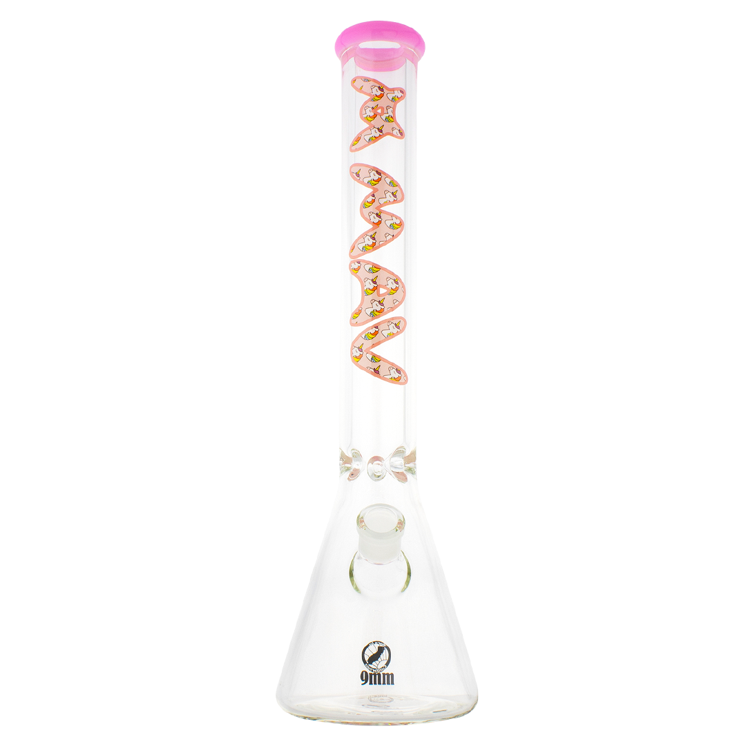 MAV Glass 18" 9mm Thick Beaker Bong with Pink Unicorns Design, Heavy Wall Side View