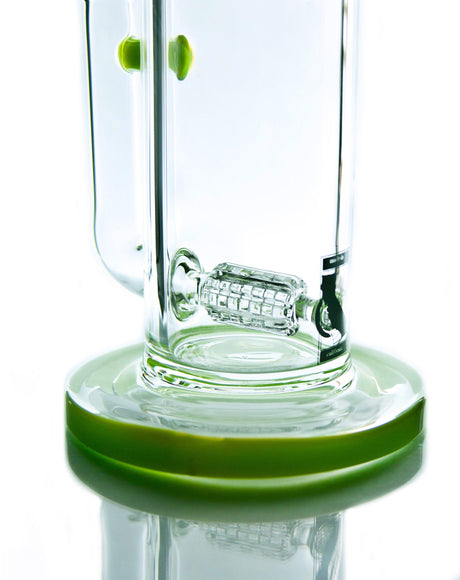 MAV Glass 11" Barrel Perc Bong with clear glass and green accents, side view on white background