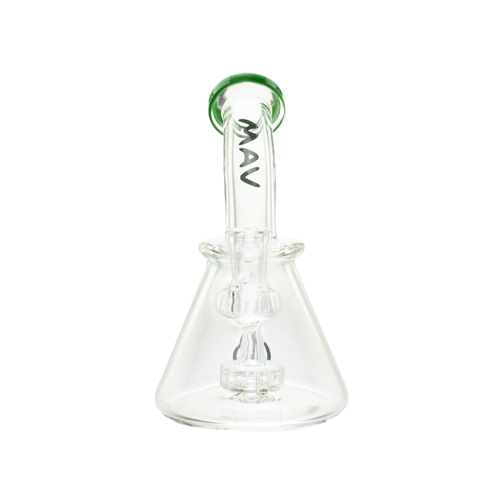 MAV Glass - Beaker Banger Hanger Dab Rig, 7", Forest Green Accents, Disc Percolator, Front View
