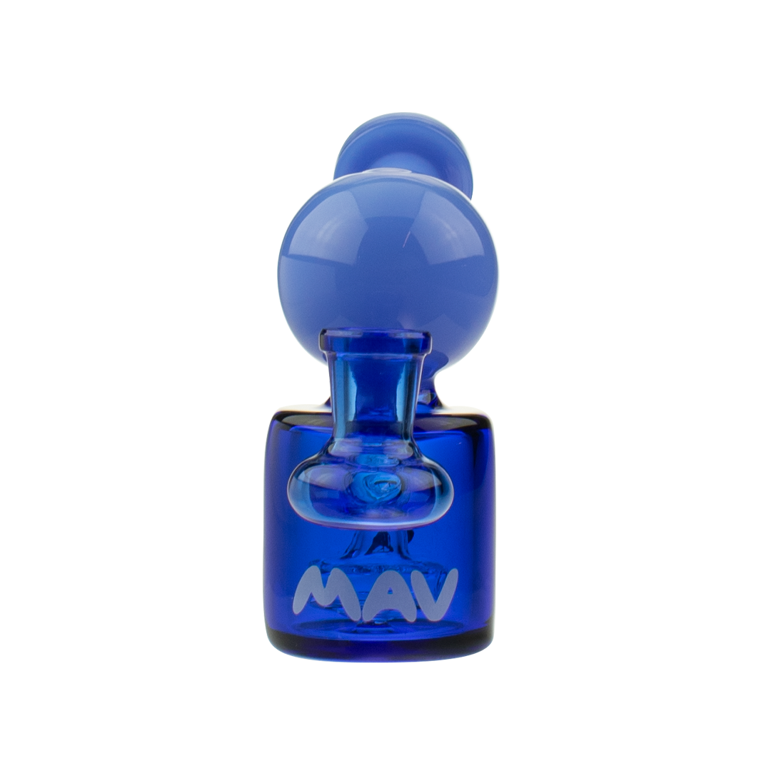 MAV Glass Mini Squig Rig in blue, front view on a seamless white background, 4" tall with a 14mm joint