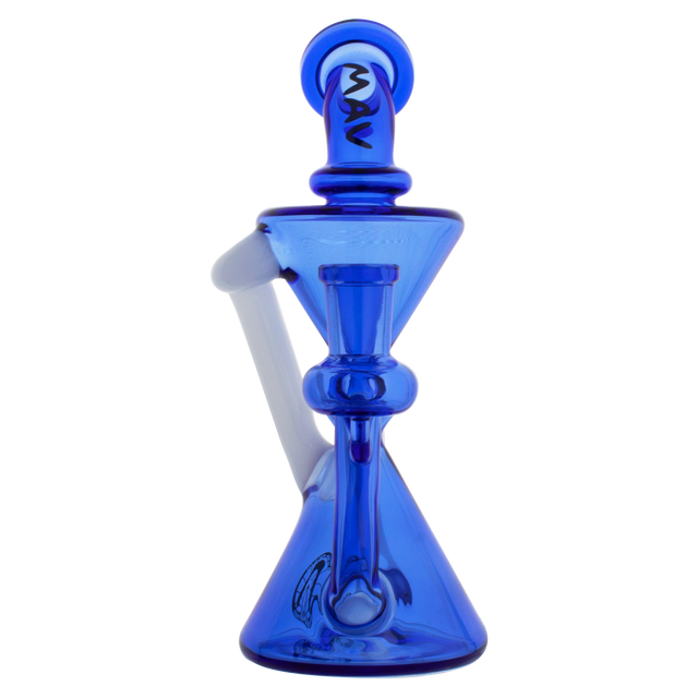MAV Glass Mini Zuma Recycler Dab Rig in blue with vortex percolator and 7.5" height, front view