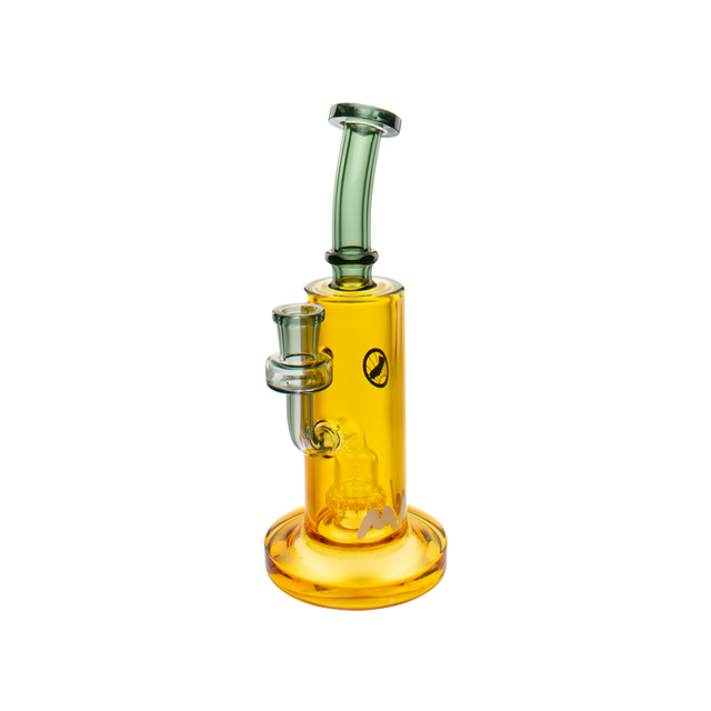 MAV Glass Oxnard Rig in Smoke and Gold variant, 7" tall beaker design with glass on glass joint