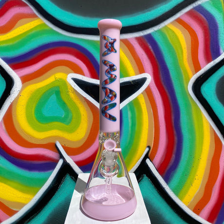 MAV Glass Pink Flamingo Vibes 18" Full Color Beaker Bong with clear downstem, front view