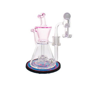 MAV Glass Pink Santa Monica Recycler with Terp Slurp Banger and Marble Set on Mood Mat