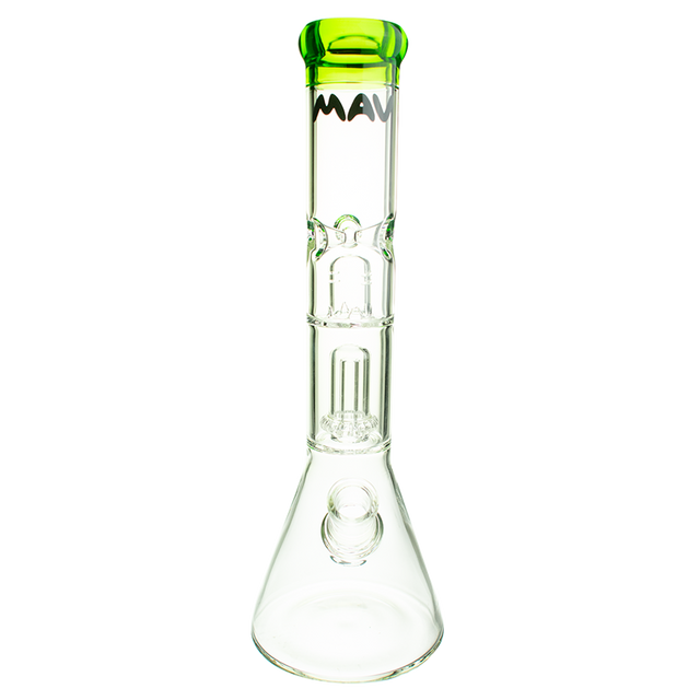 MAV Glass Single UFO Beaker Bong with clear design and green accents, front view on white background