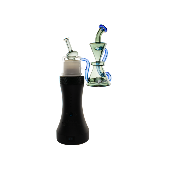 MAV Glass The Pacifica Switch Attachment in blue and black, with vortex percolator, side view on white background