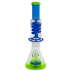 MAV Glass Beaker Bong with Blue Coil and Ooze Green Base, 14" Tall, Front View