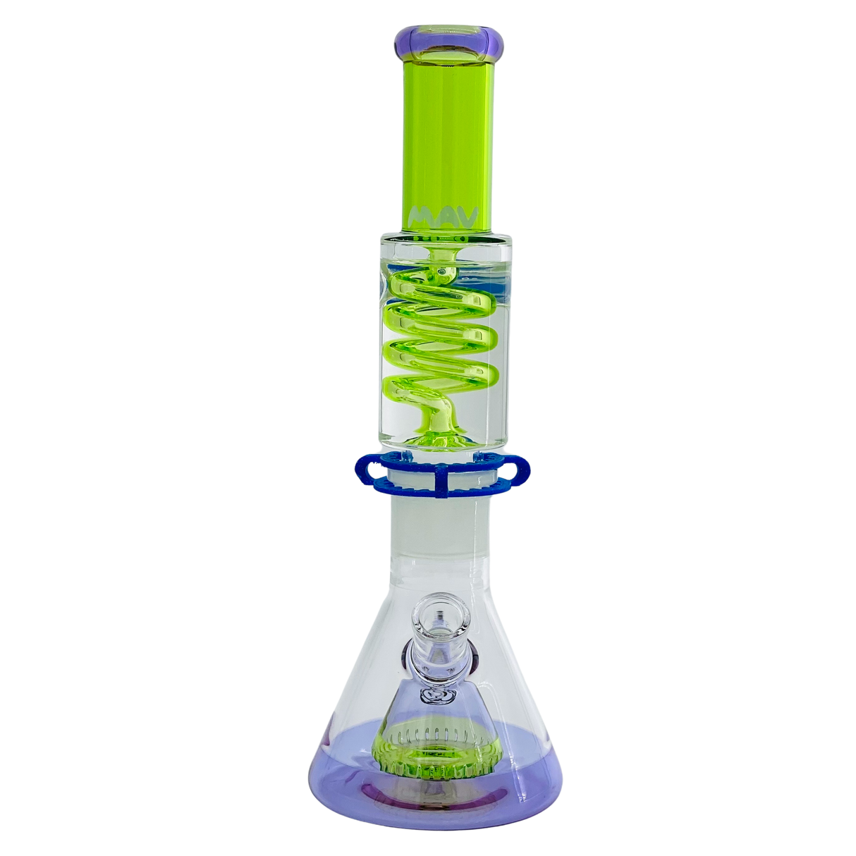 MAV Glass 14" Transparent Purple Beaker with Ooze Green Freezable Coil and Slitted Pyramid Percolator