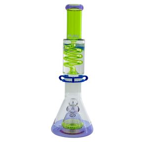 MAV Glass 14" Transparent Purple Beaker with Ooze Green Freezable Coil and Slitted Pyramid Percolator