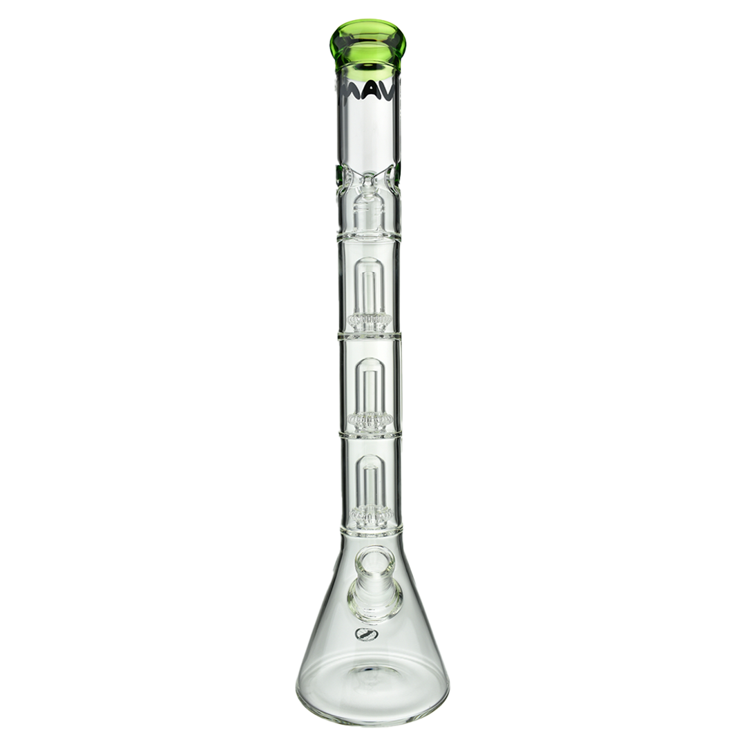 MAV Glass Triple UFO Beaker Bong, 21" Tall, 18-19mm Joint, Front View on White