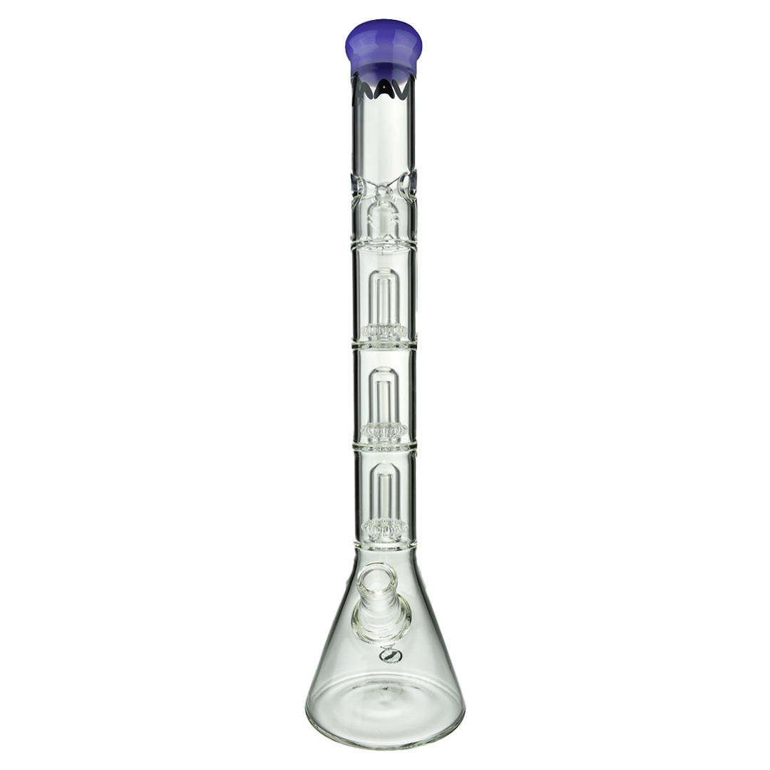 MAV Glass Triple UFO Beaker Bong, 21" height, clear glass, 18-19mm joint, front view on white