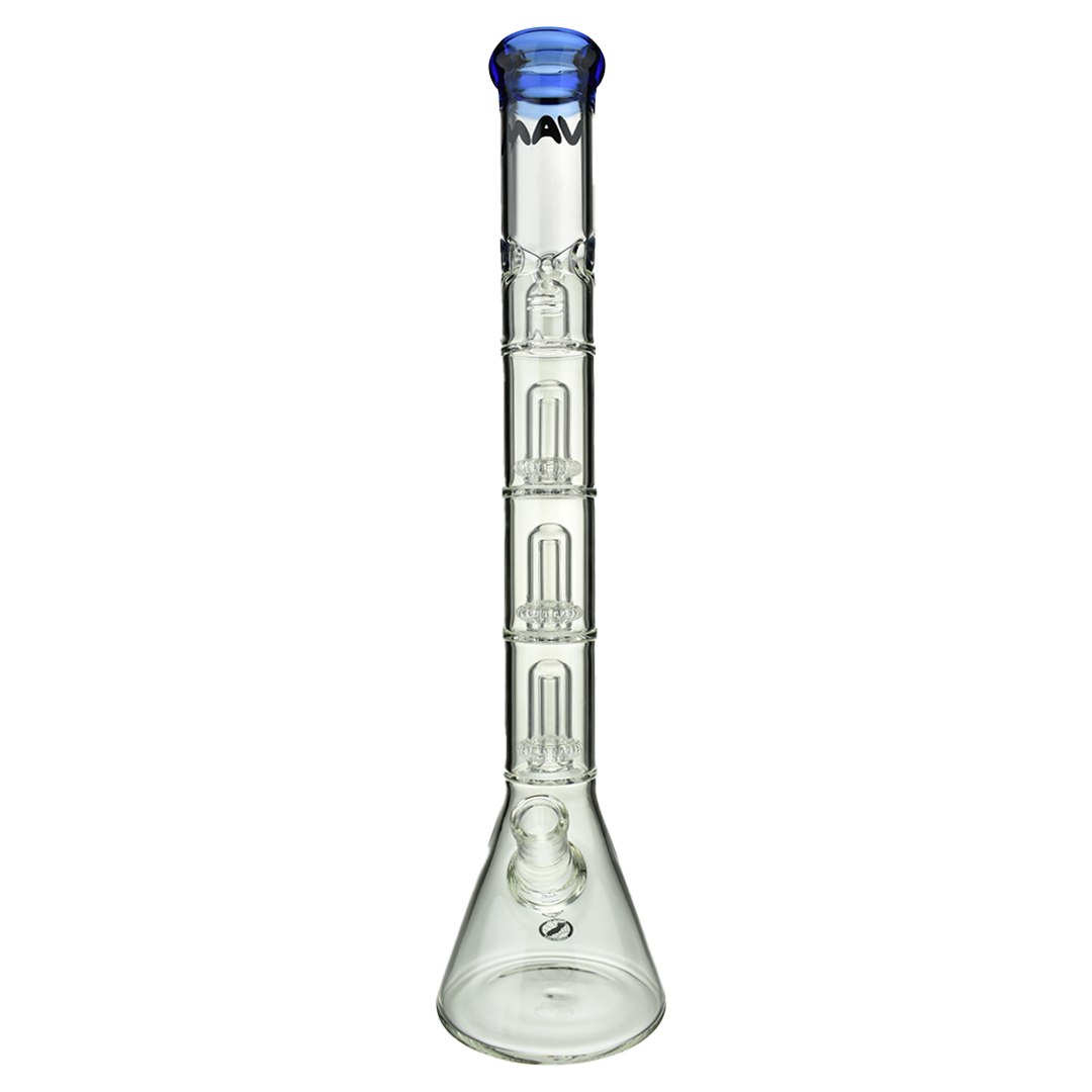 MAV Glass Triple UFO Beaker Bong with clear glass and blue accents, front view on white background