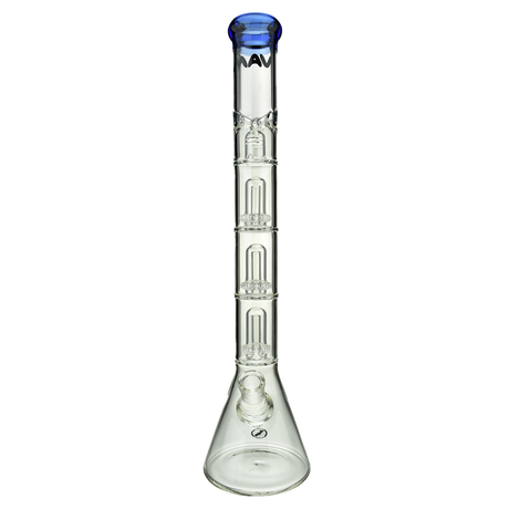 MAV Glass Triple UFO Beaker Bong with clear glass and blue accents, front view on white background