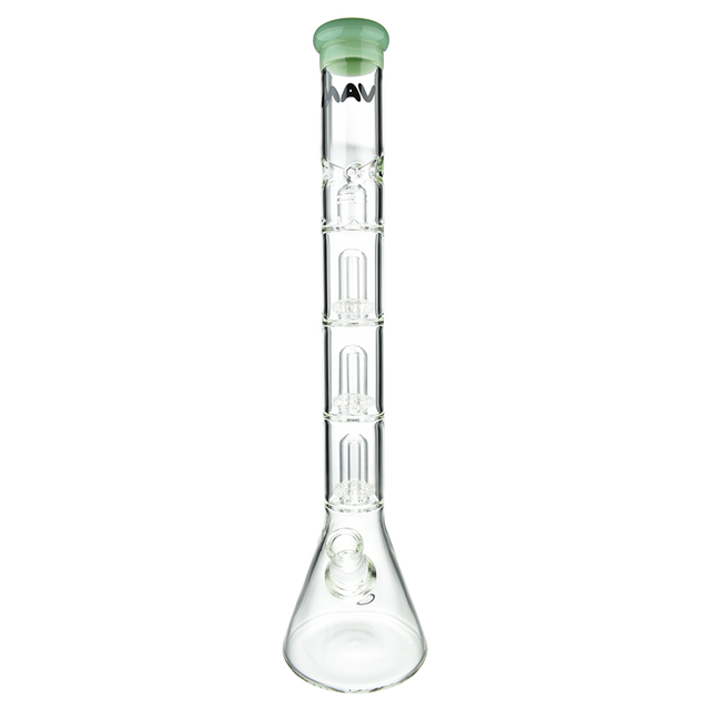 MAV Glass Triple UFO Beaker Bong, 21" tall with 18-19mm joint size, front view on white background