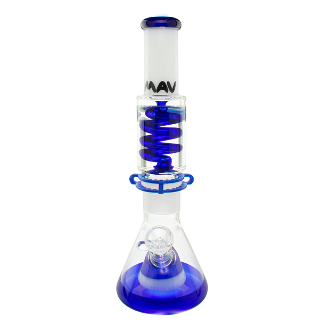 MAV Glass Beaker with White & Blue Freezable Coil, Slitted Pyramid Perc, 14" Tall
