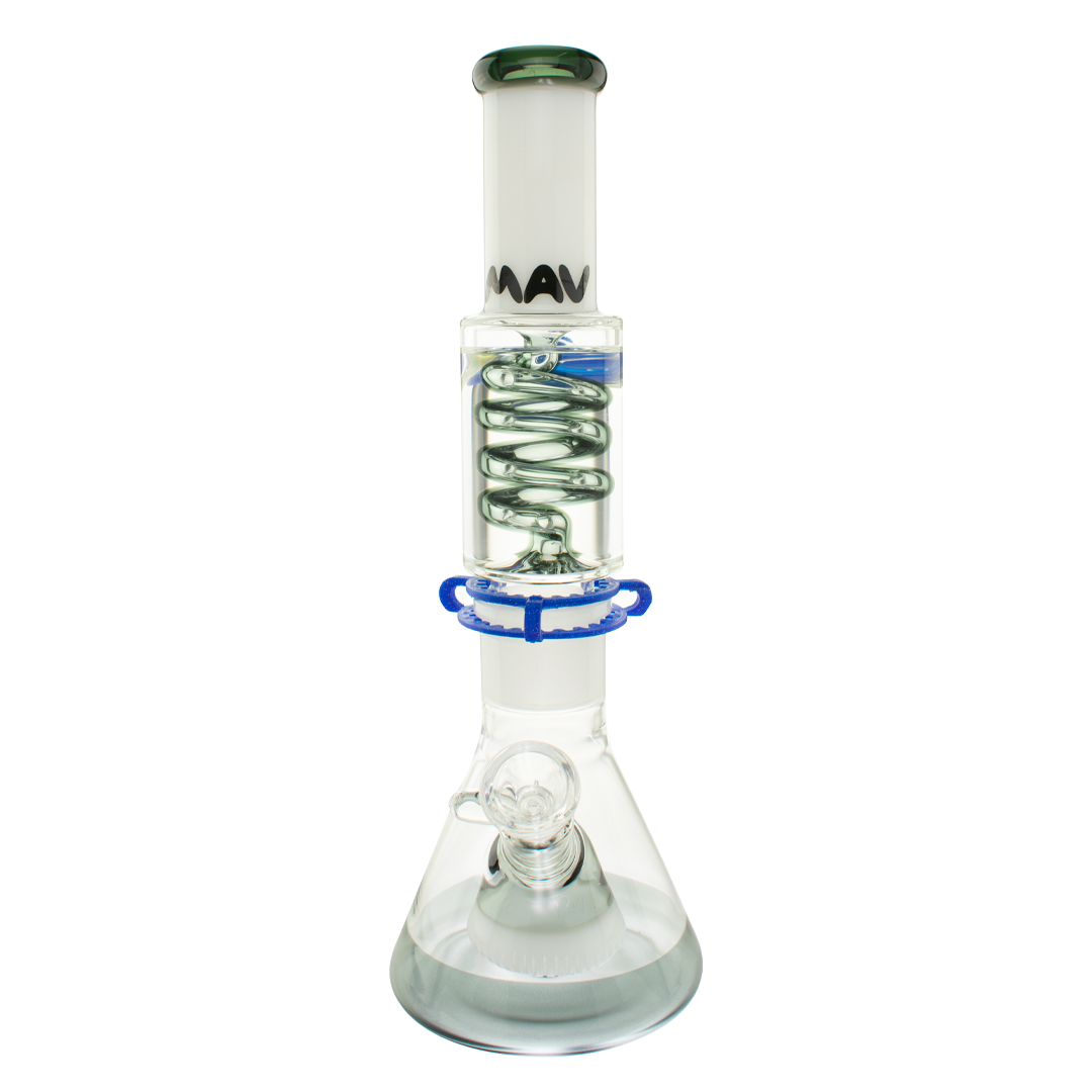 MAV Glass 14" White & Black Beaker Bong with Slitted Pyramid Percolator and Freezable Coil