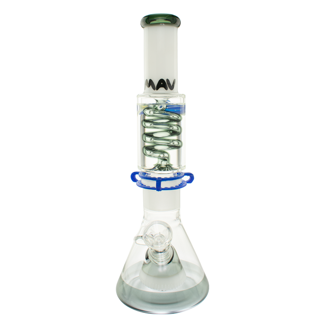 MAV Glass 14" White & Black Beaker Bong with Slitted Pyramid Percolator and Freezable Coil