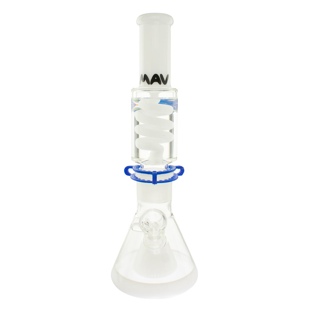 MAV Glass White Beaker Bong with Slitted Pyramid Percolator and Freezable Coil, Front View