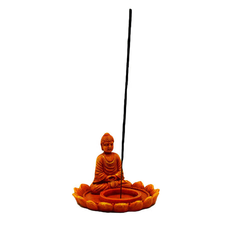Ceramic Meditating Buddha with Lotus Flower Incense Burner in Red, Front View