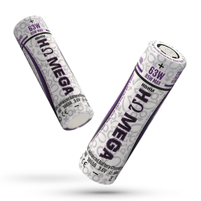 Hohm Mega 18650 high-capacity batteries for vaporizers, angled view on white background