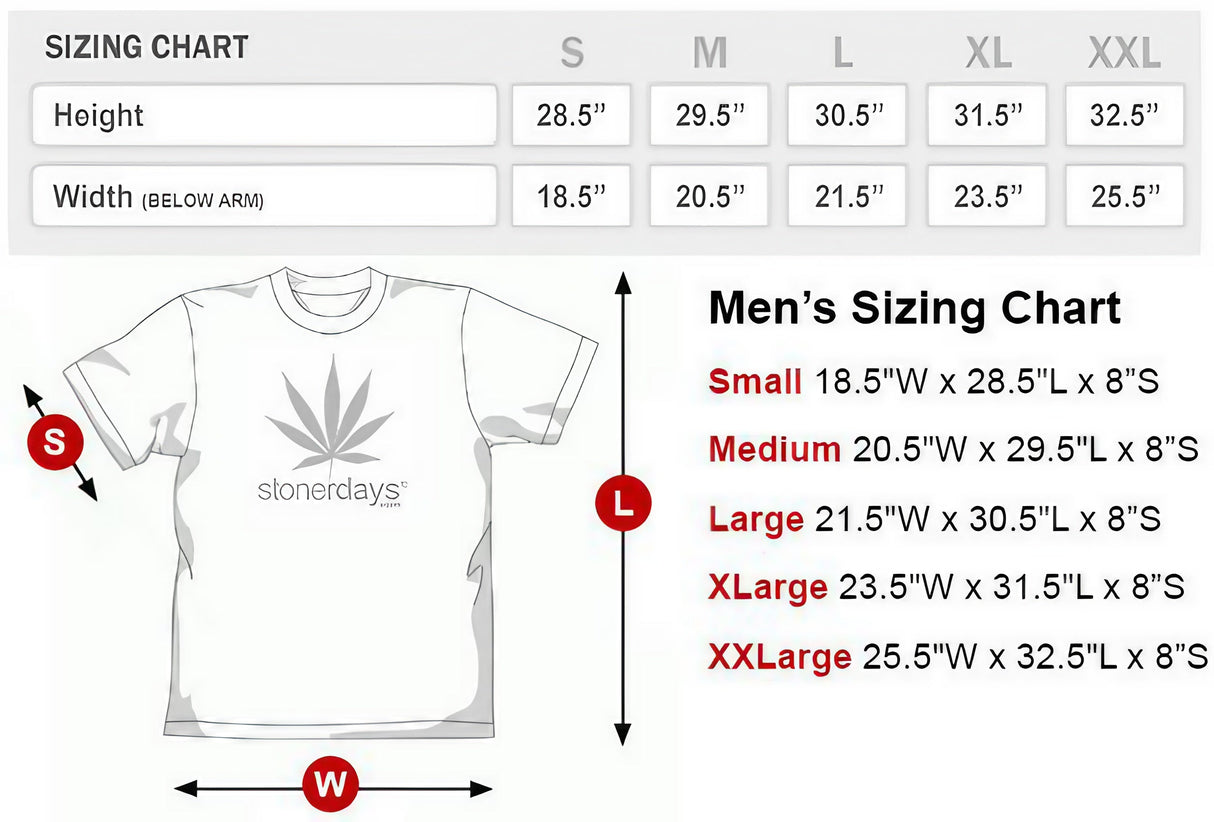 Men's 'It's 420 Somewhere' T-Shirt by DankGeek, Front View with Sizing Chart