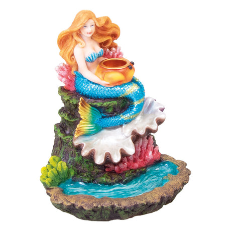 Polyresin Mermaid with Crab Backflow Cone Burner, 6" Size, Vibrant Home Decor