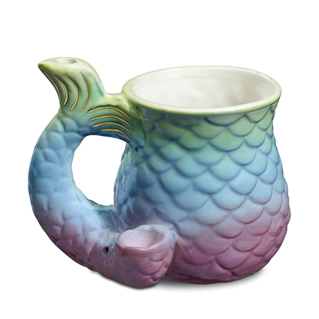 Fantasy Ceramic Mermaid Mug Pipe - Front View with Colorful Scales Design