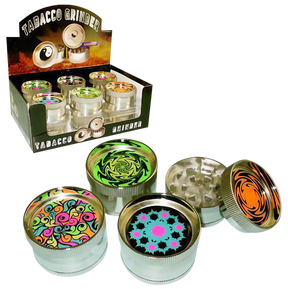 Assorted 3-Piece Metal Grinders with UV Reactive Black-light Designs, 2" Diameter - 12 Pack Display