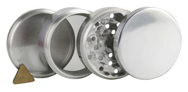 Durable Metal 4-Piece Grinder, 2.5" Diameter, Disassembled View Showing All Parts