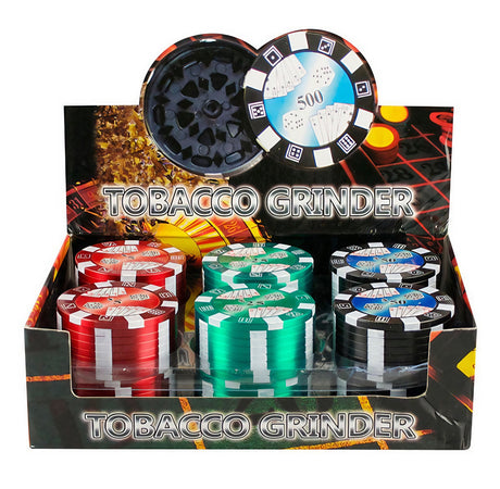 12-pack of Metal Poker Chip 3-Piece Grinders displayed in box, various colors, front view