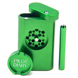 PILOT DIARY Dugout with Mini Grinder in Green - Front View with One Hitter and Lid Off