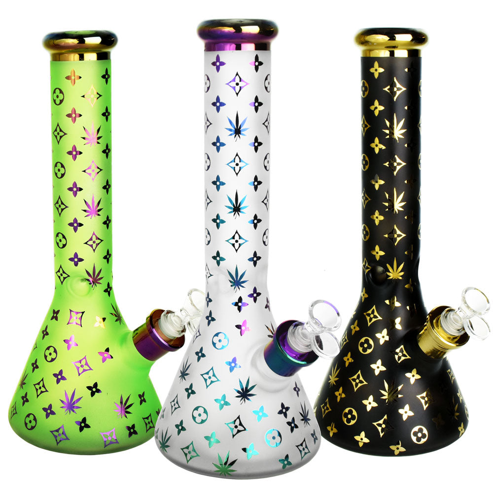 Trio of Metallic Floral Diamond Water Pipes in Assorted Colors with Beaker Design, 13" Height, Front View