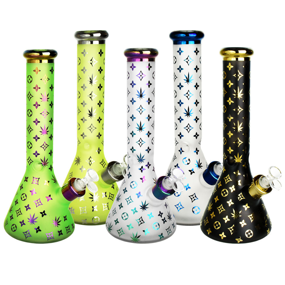 Assorted Metallic Floral Diamond Water Pipes with Beaker Design for Dry Herbs, 13" Height