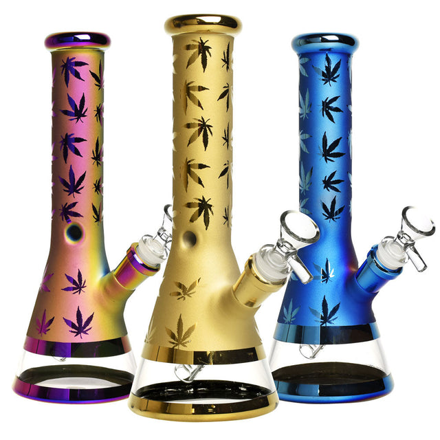 Iridescent Metallic Hemp Leaf Water Pipes in Beaker Design with Slit-Diffuser Percolator