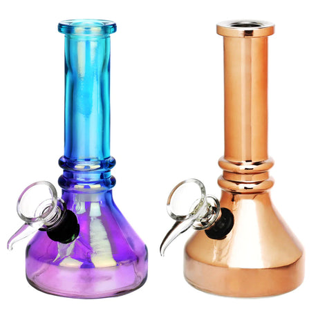 Metallic Sunset Beaker Water Pipes in Iridescent Blue and Copper, Front View, 6.25" Compact Size