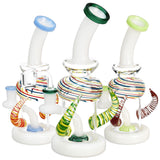 Borosilicate glass dab rigs with spiral horns and showerhead percolator, front view on white background