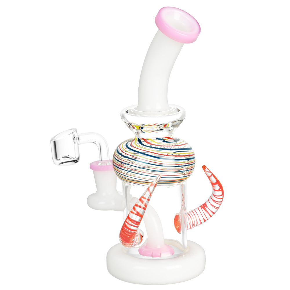 Milk Glass Wrapped Spiral Horns Rig with Showerhead Percolator and Quartz Banger, Front View