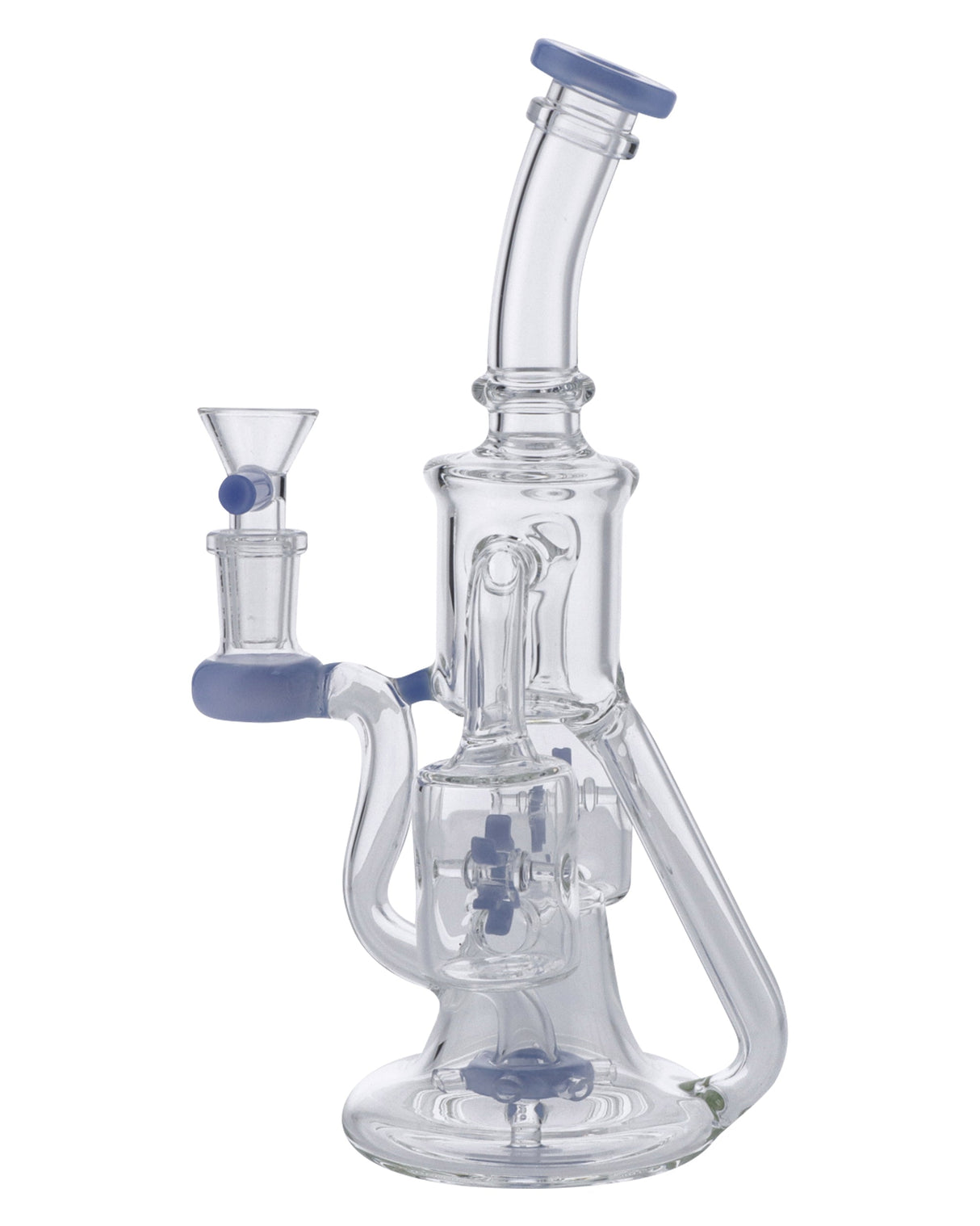 Milky Blue Glass Water Pipe, 8" Compact Recycler Bong with Quartz Bowl, 90 Degree Joint, Side View