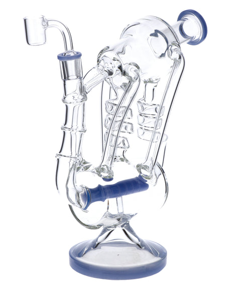 Milky Blue Glass Water Pipe with Clear Recycler Design and Quartz Banger - Front View