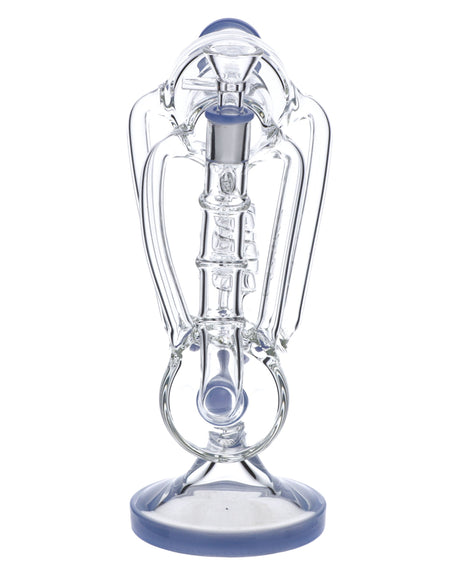 Milky Blue Glass Water Pipe with Quartz Banger by Valiant Distribution, 12" tall, front view on white background
