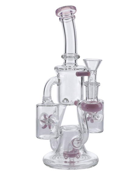 Milky Pink Glass Water Pipe, 8" Recycler Design, with Quartz Banger & Bowl, Front View