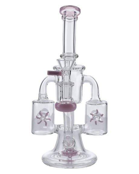 Milky Pink Glass Water Pipe with Dual Recycler Design & Quartz Banger, Front View