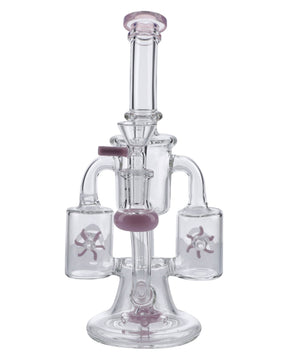 Milky Pink Glass Water Pipe with Dual Recycler Design & Quartz Banger, Front View