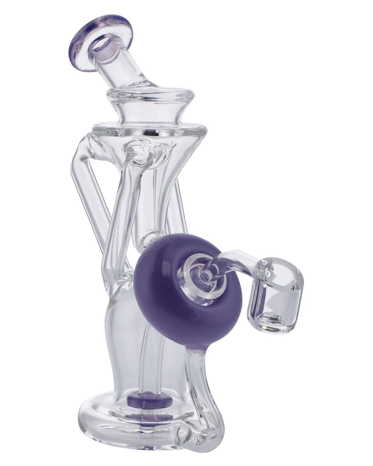 Milky Purple Recycler Dab Rig by DankGeek, compact 6-inch height, 45-degree joint, side view on white