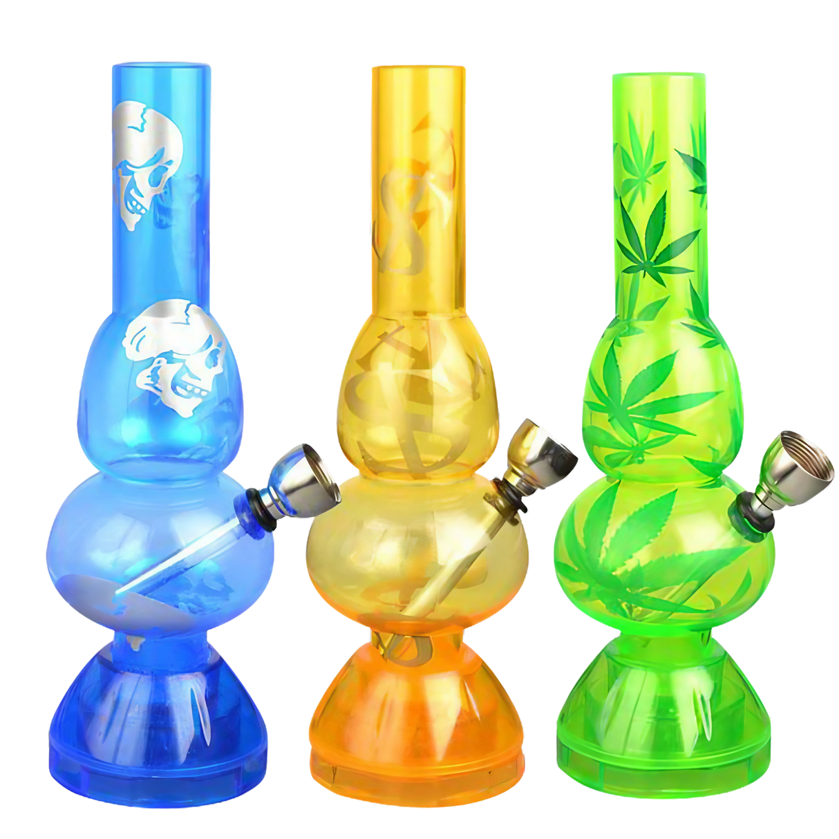 Assorted colors mini acrylic double bubble water pipes with built-in grinders, front view
