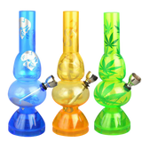 Assorted colors mini acrylic double bubble water pipes with built-in grinders, front view