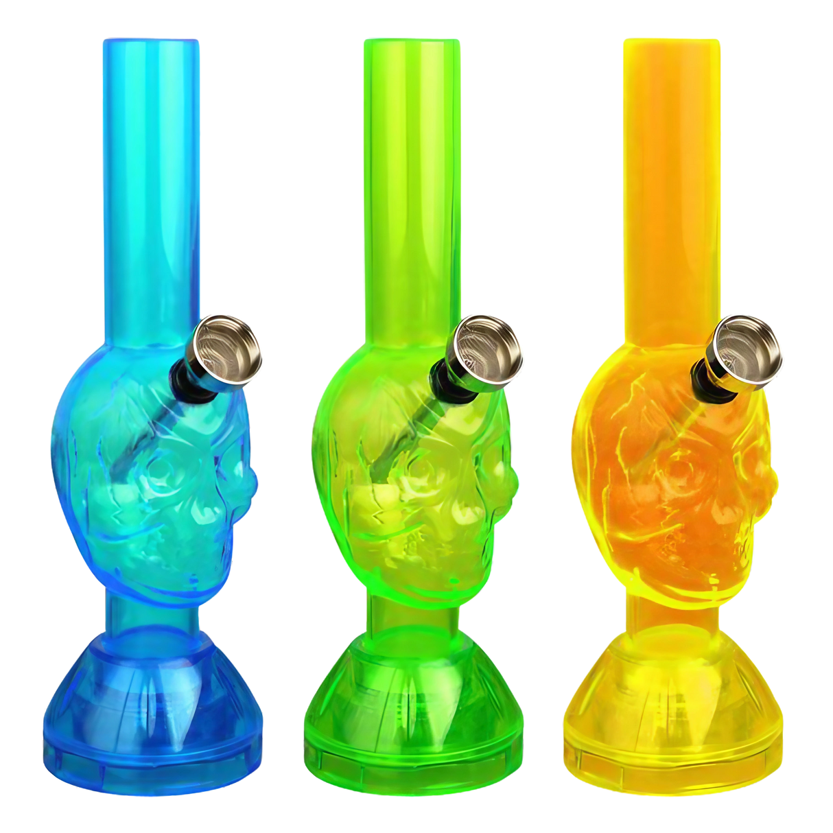 Assorted Mini Acrylic Skull Water Pipes with Built-in Grinders, Slit-Diffuser Percolator, 7" Height